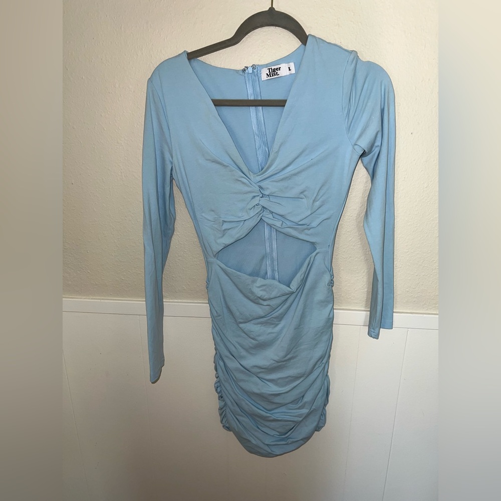 Tiger mist, tight blue dress